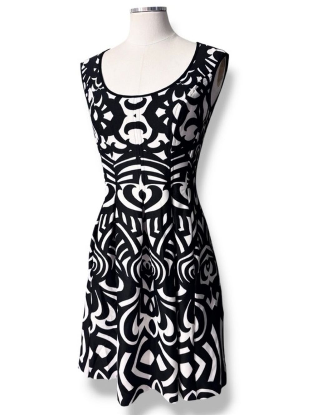 NINE WEST Blsck & White Engineered Print Scoop Neck Fit & Flare Dress